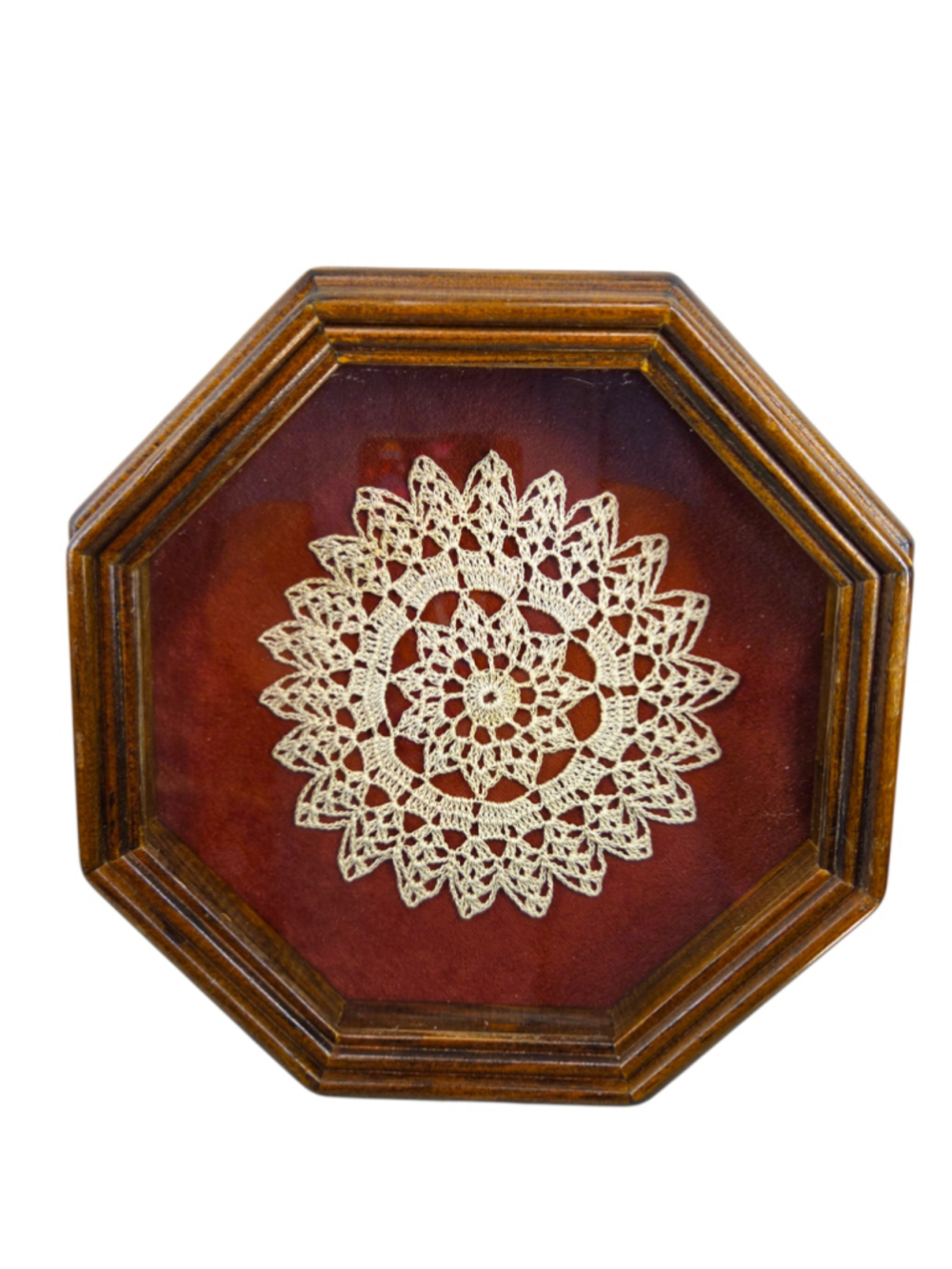 Vintage Crochet Doily Shadow Box Frame Handmade Lace Textile Wall Art